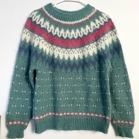 Vintage Mohair Blend Nino de Lendos Grandma Nordic Icelandic Sweater Green Small - Picture 2 of 7